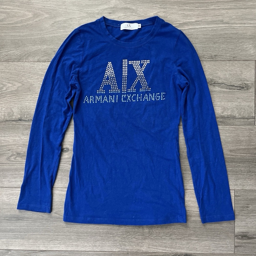 A/X Armani Exchange Womens M Long Sleeve Shirt Blue Jeweled Rhinestone Logo